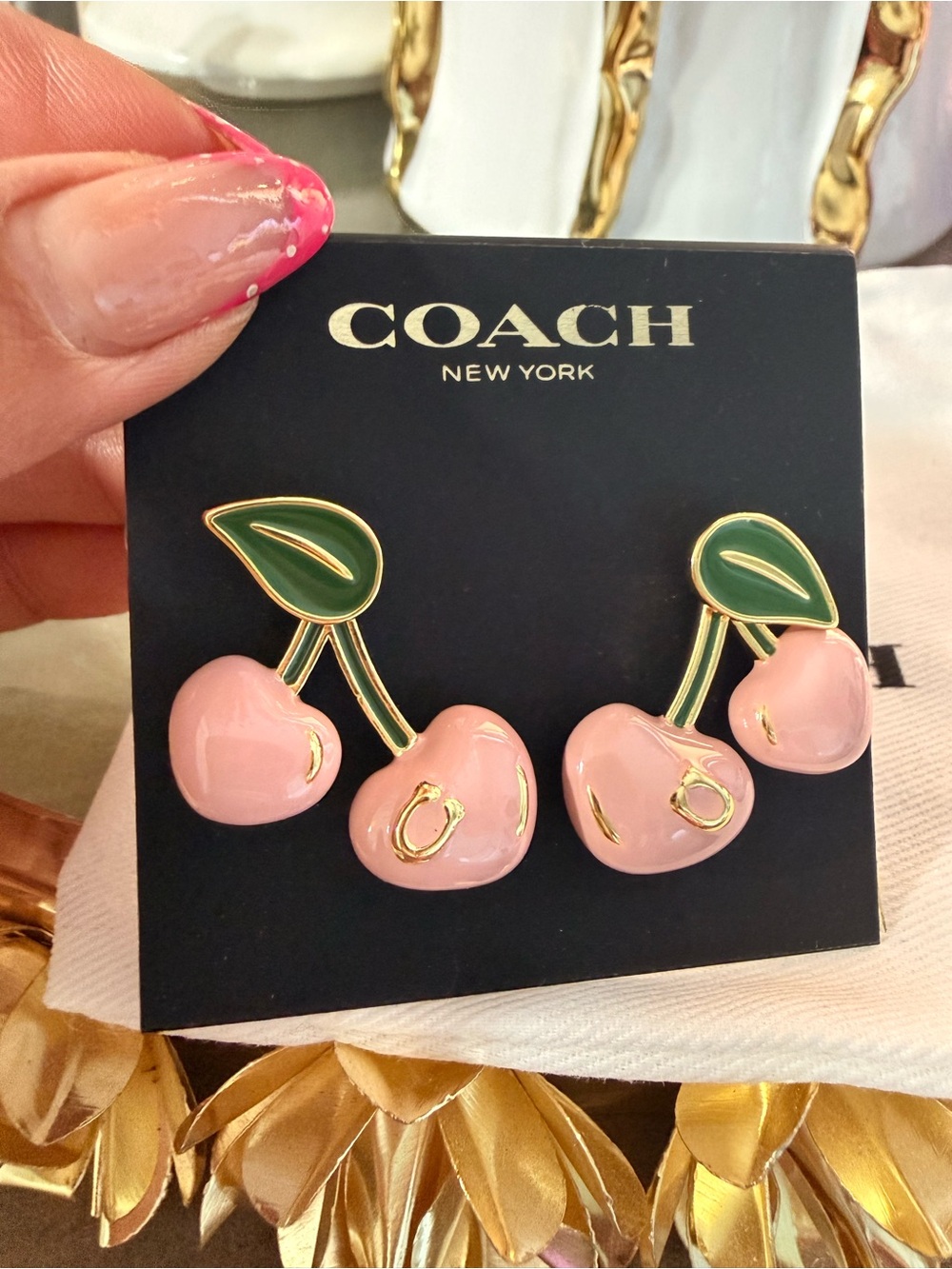 Coach Pink Enamel Cherry Earrings with Movable Leaves - Picture 3 of 4